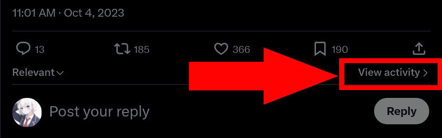 A screenshot of X's post, showing a [Relevant] dropdown menu and a [View activity] button below the reply, repost, and other buttons.