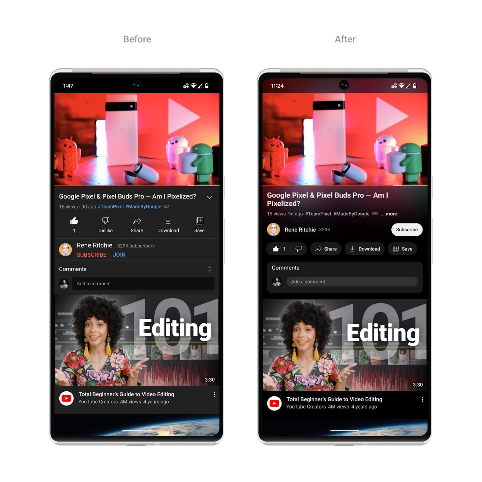 YouTubeの古いUIと、シネマティックライティングを有効化した新しいUIの比較画像