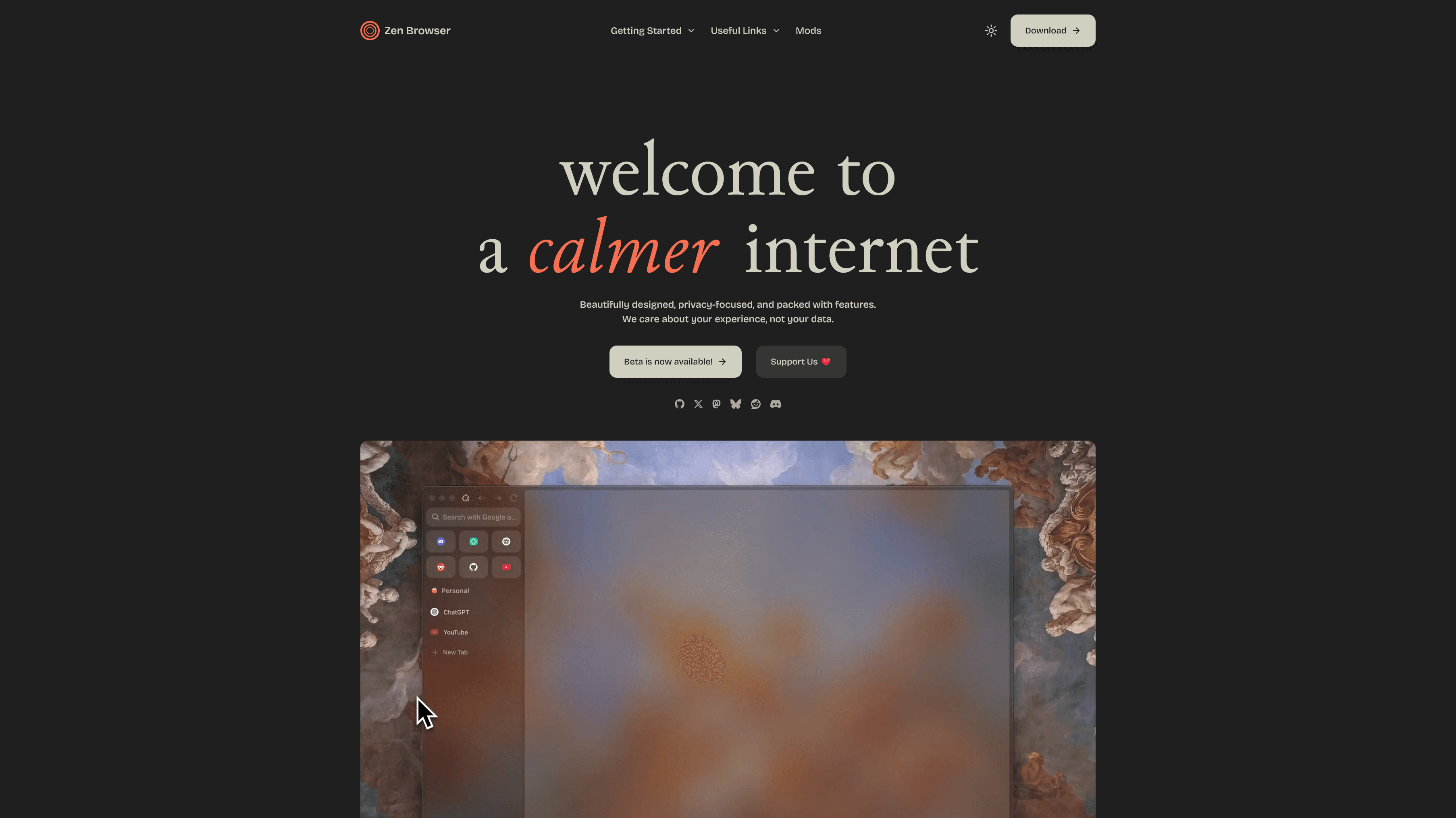 Zenブラウザーの公式サイトのスクリーンショット。「welcome to a calmer internet」というキャッチコピーが大きく表示されている