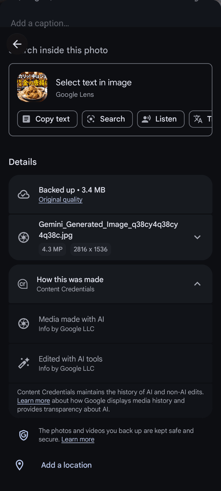 Screenshot of the Google Photos details screen showing “How this was made,” “Content Credentials,” “Media made with AI,” and “Edited with AI tools”