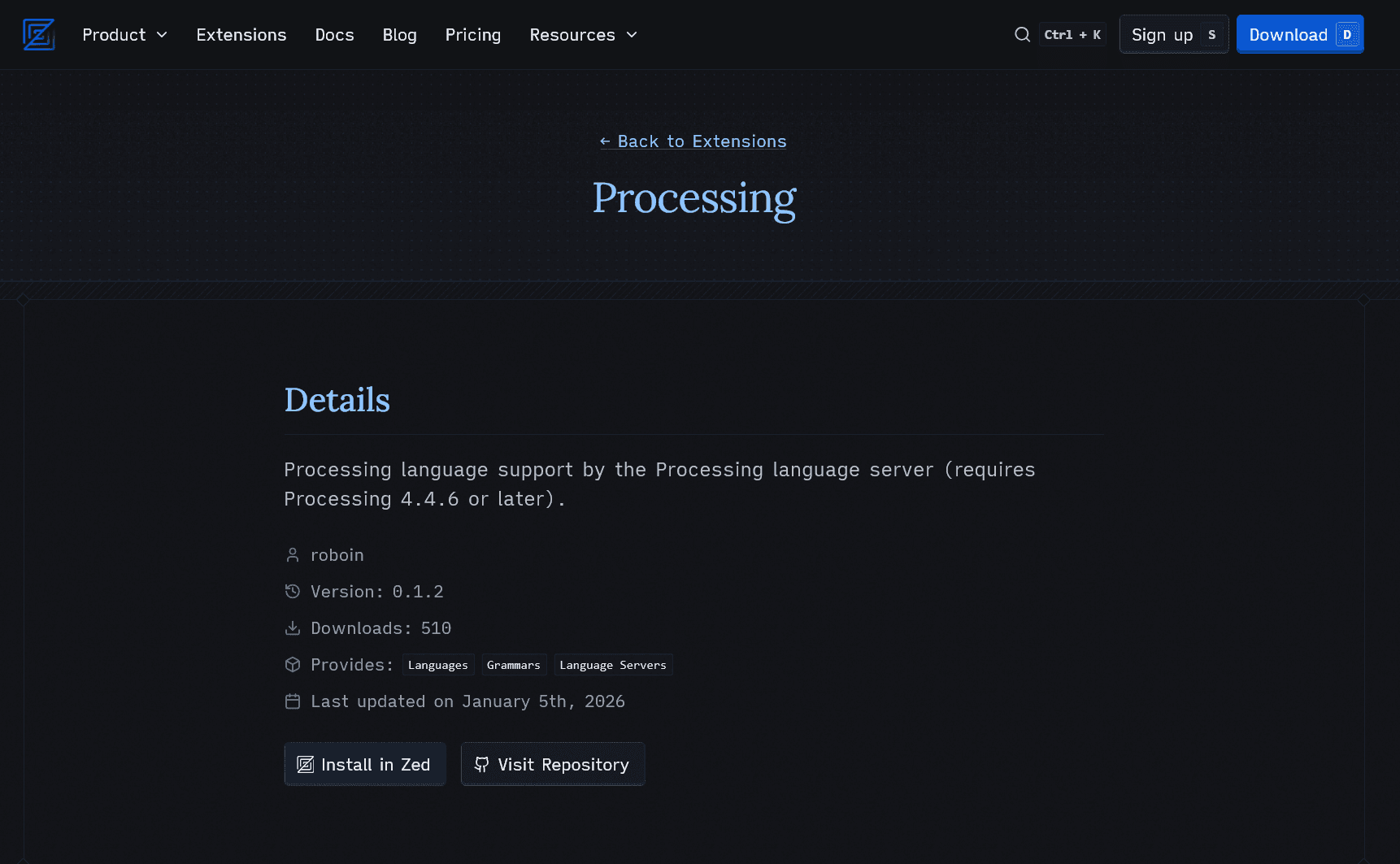 ProcessingのZed用拡張機能のWebページのスクリーンショット