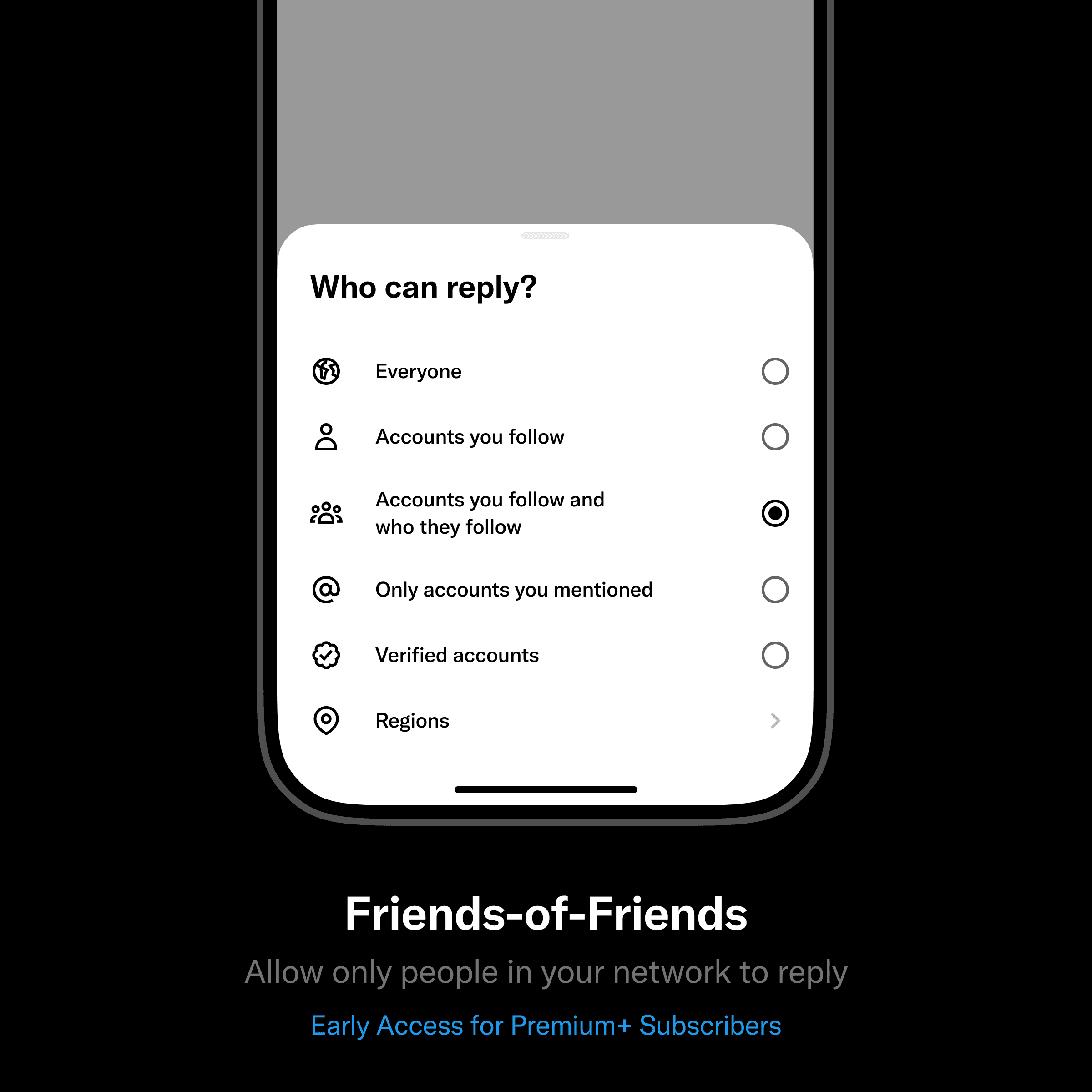 Friends-of-Friends. Allow only people in your network to reply. Early Access for Premium+ Subscribers