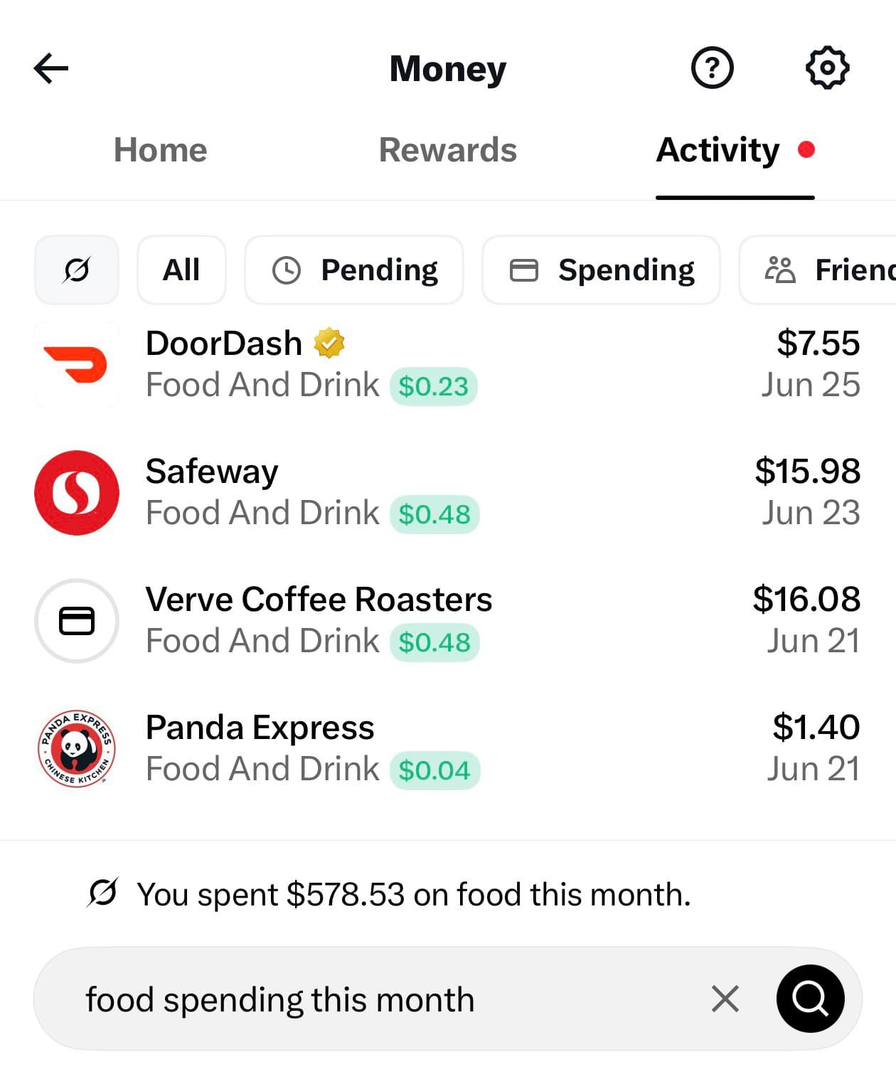 X Moneyのページ内で「food spending this month」という質問に対してGrokが「You spent $578.53 on food this month.」と回答しているスクリーンショット
