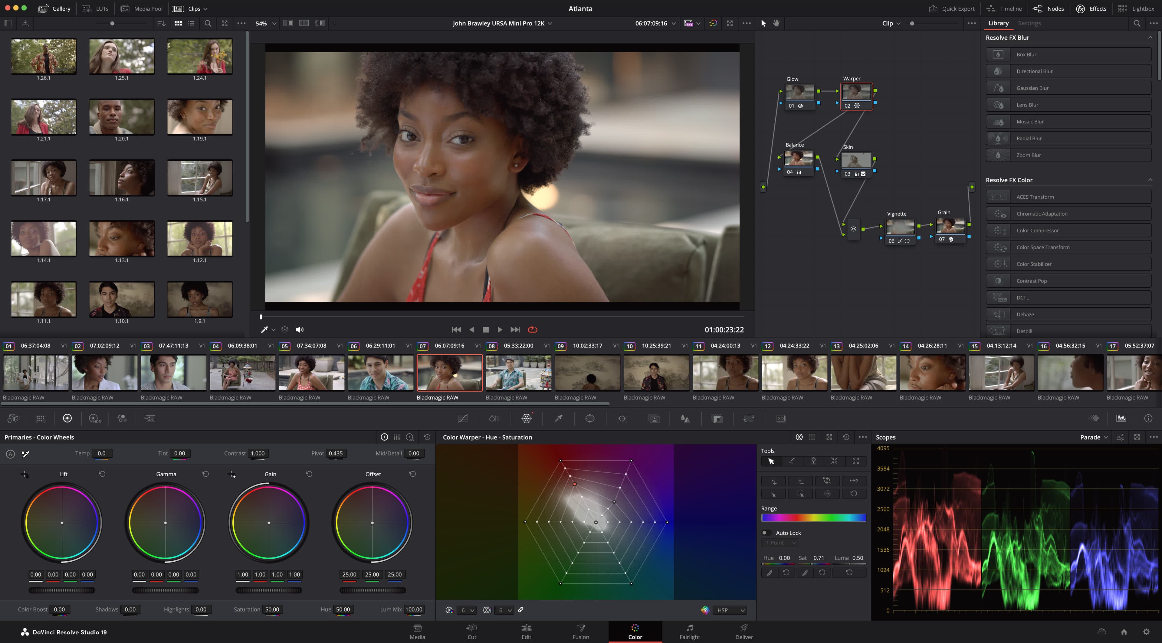 DaVinci Resolve 19のカラーページのスクリーンショット