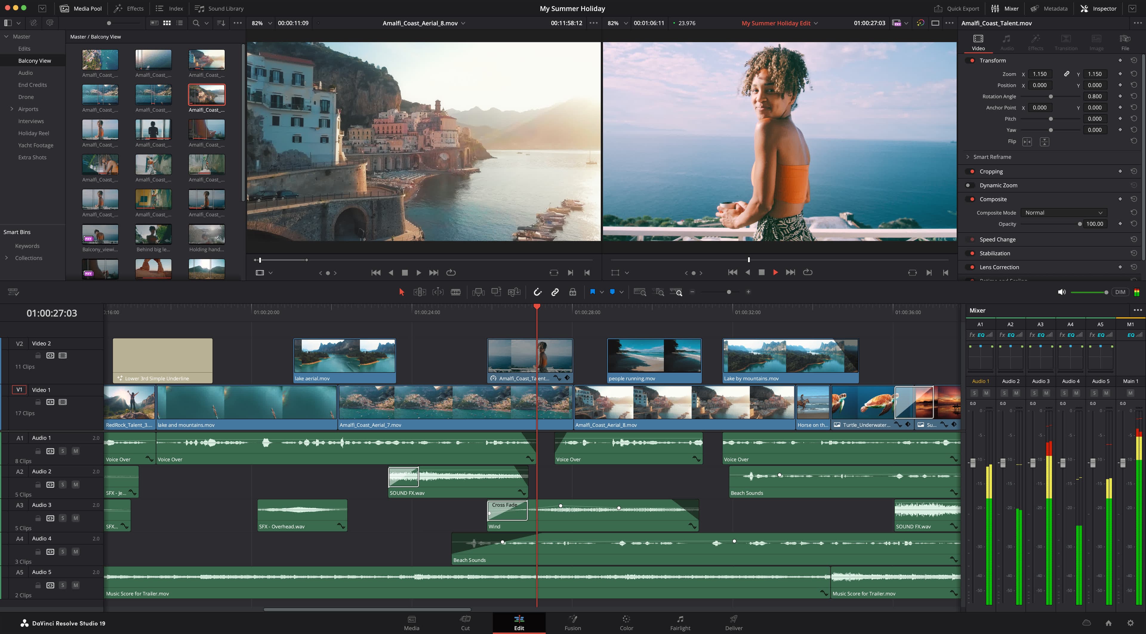 DaVinci Resolve 19のエディットページのスクリーンショット