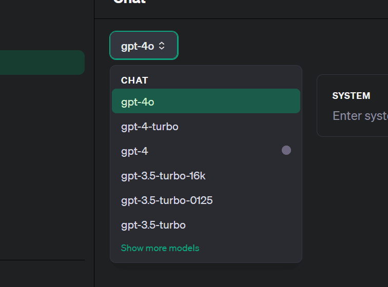 ChatGPTのAPIのモデルの選択画面のスクリーンショット。［gpt-4o］が選択されている