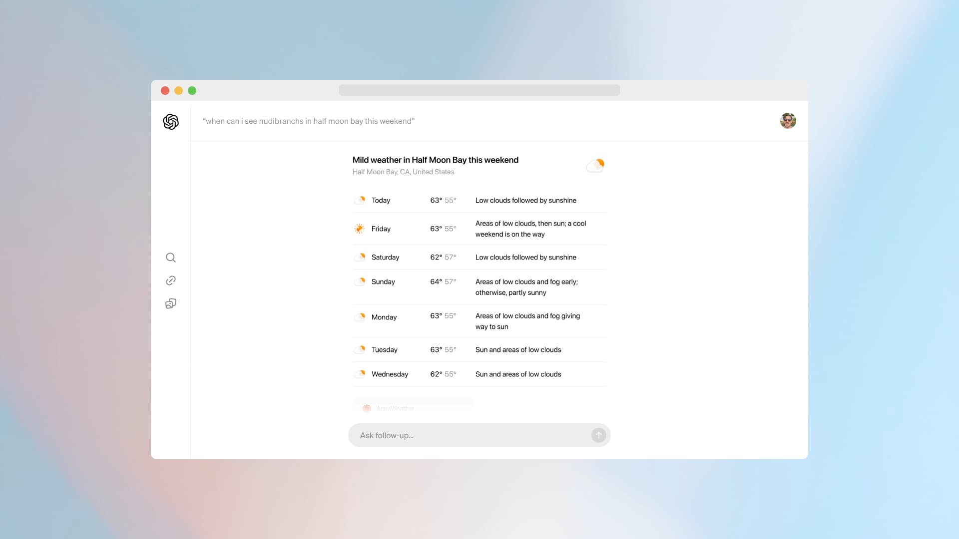 SearchGPTの画面の中央に天気予報が表示されている画像