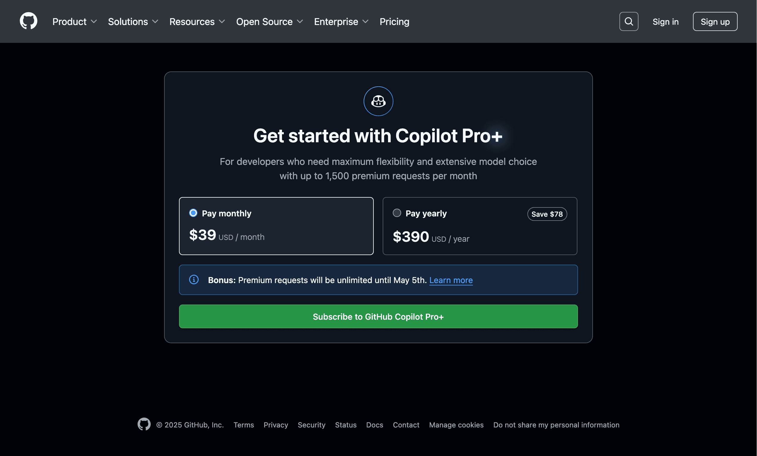 GitHub Copilotの料金表の画像