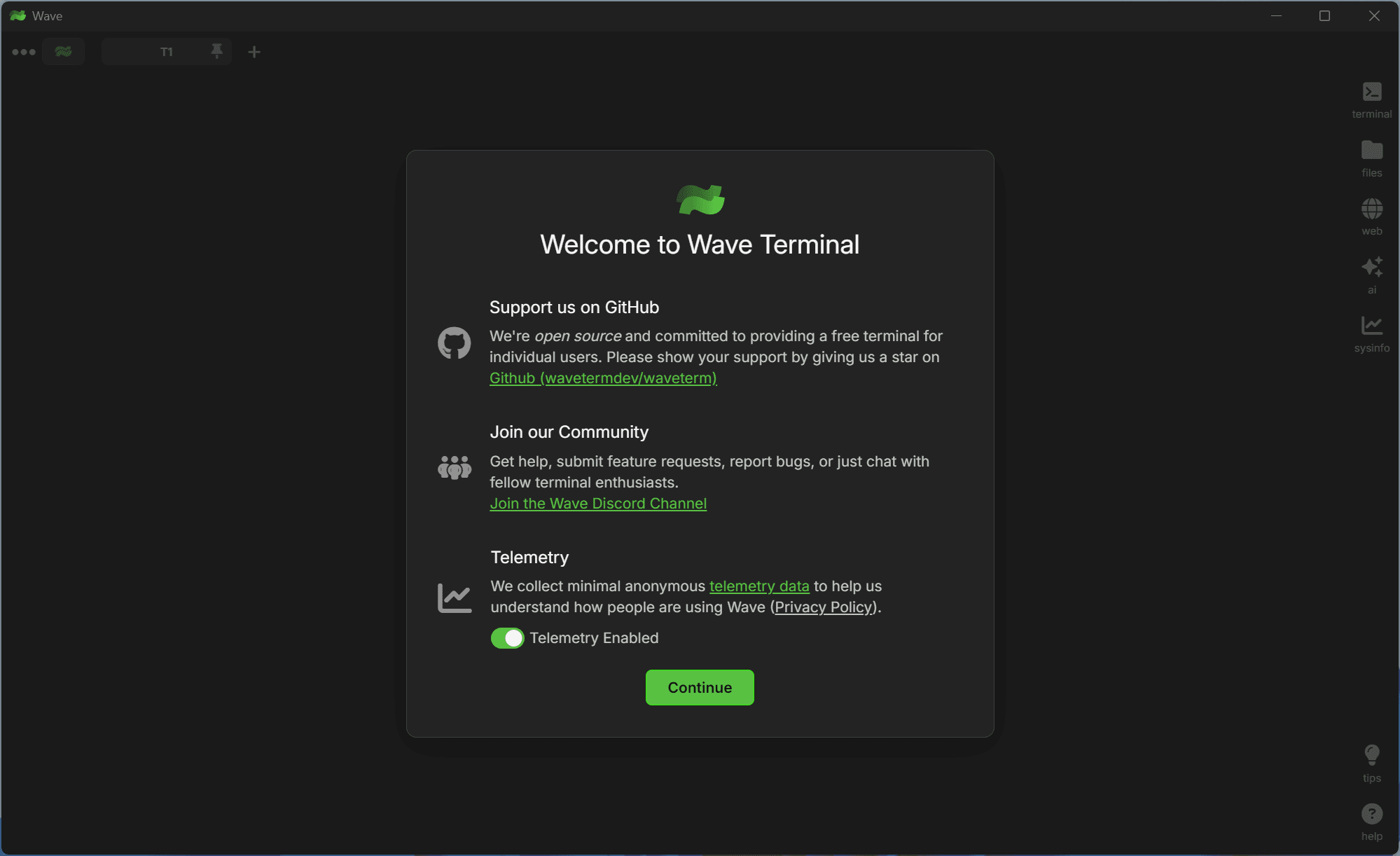Wave Terminalの初期設定画面のスクリーンショット