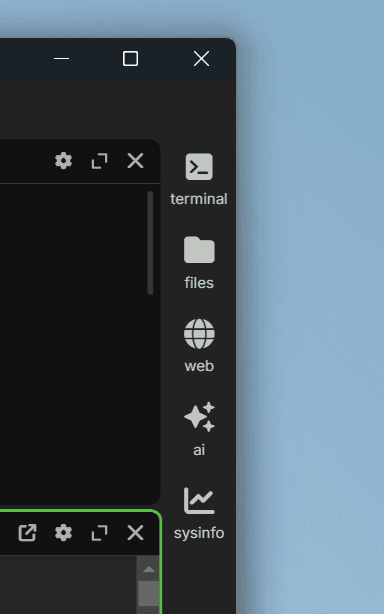 Wave Terminalのウィンドウの右端のスクリーンショット。上から順に［terminal］［files］［web］［ai］［sysinfo］と表示されている。