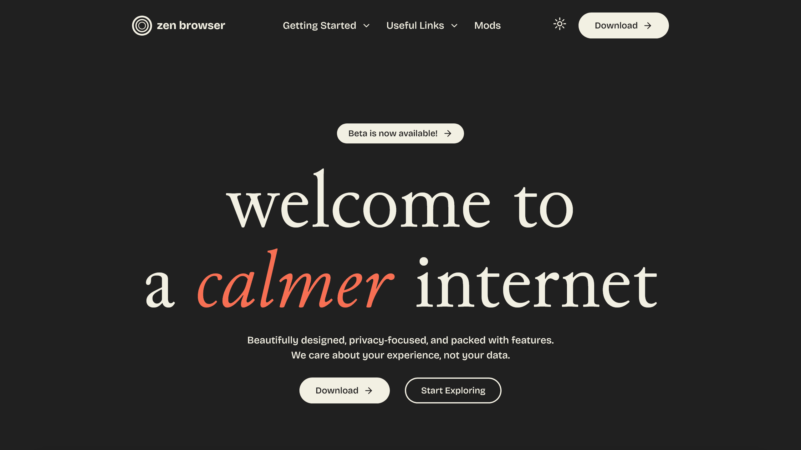 Zen Browserの公式サイトのスクリーンショット