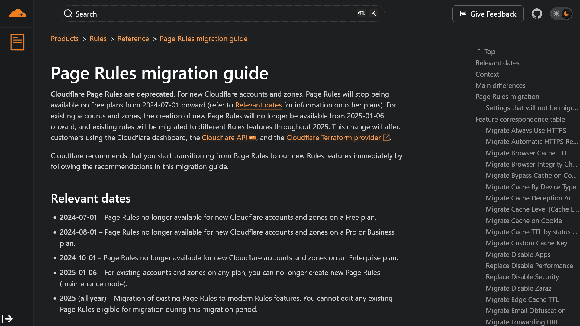 CloudflareのPage Rulesのマイグレーションガイドのスクリーンショット