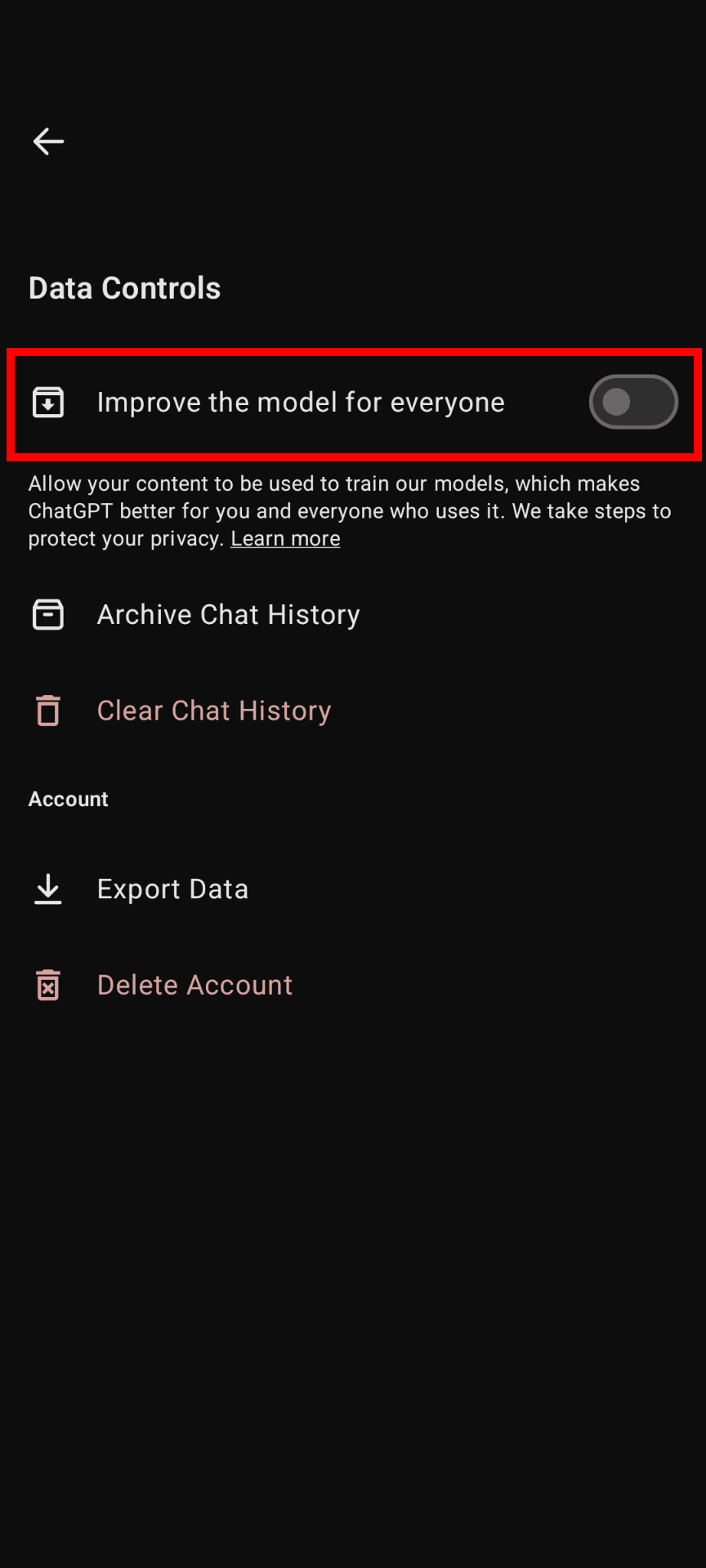 ChatGPTのスマホアプリの［Data Controls］設定のスクリーンショット