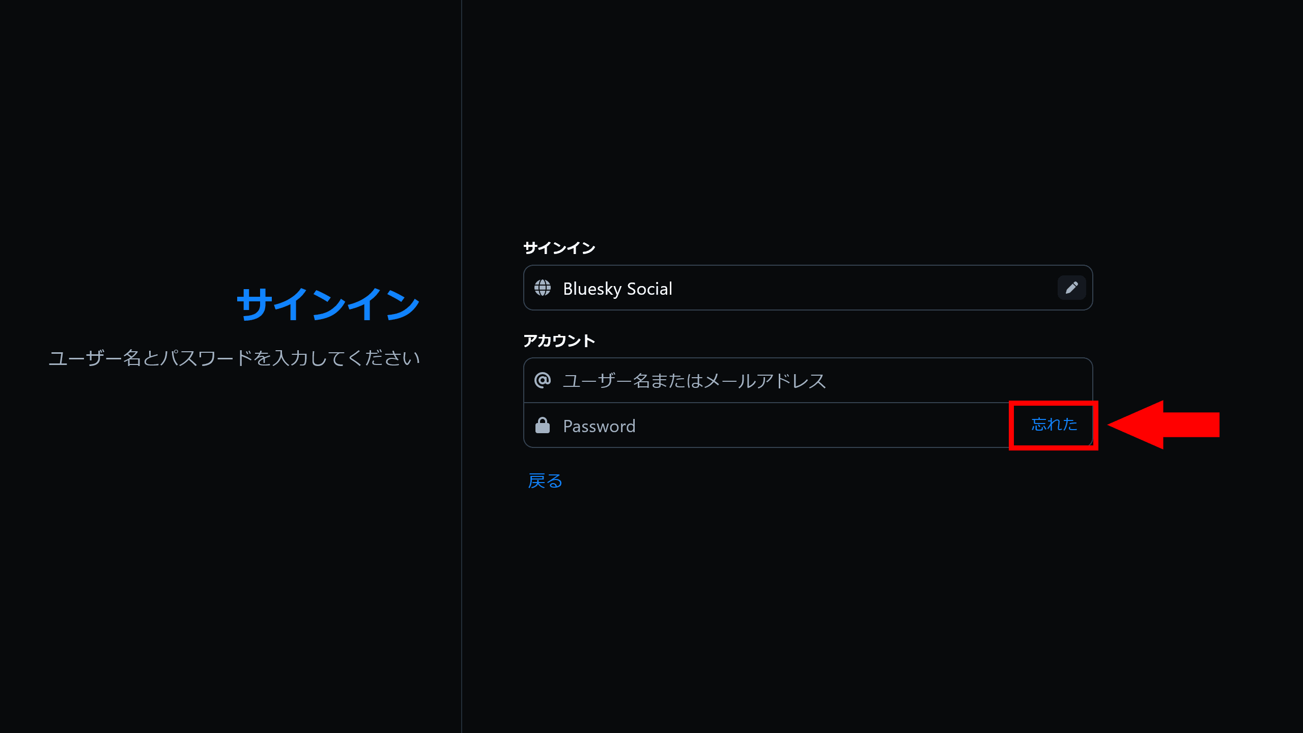 Blueskyのメールアドレスとパスワードの入力画面