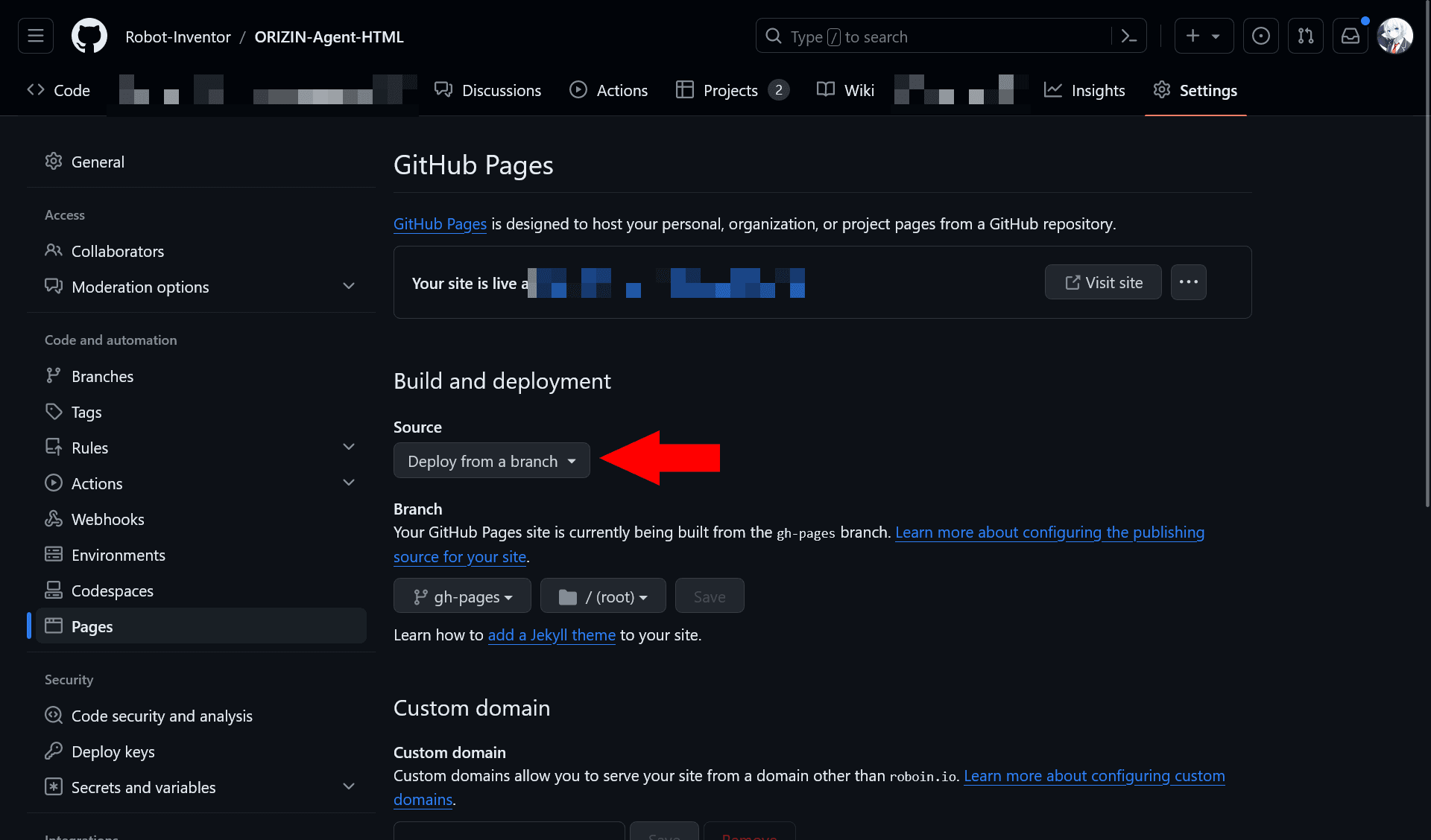 ［Build and deployment］の設定画面のスクリーンショット