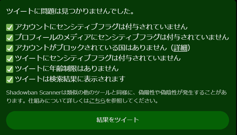 Shadowban Scannerのメッセージのスクリーンショット