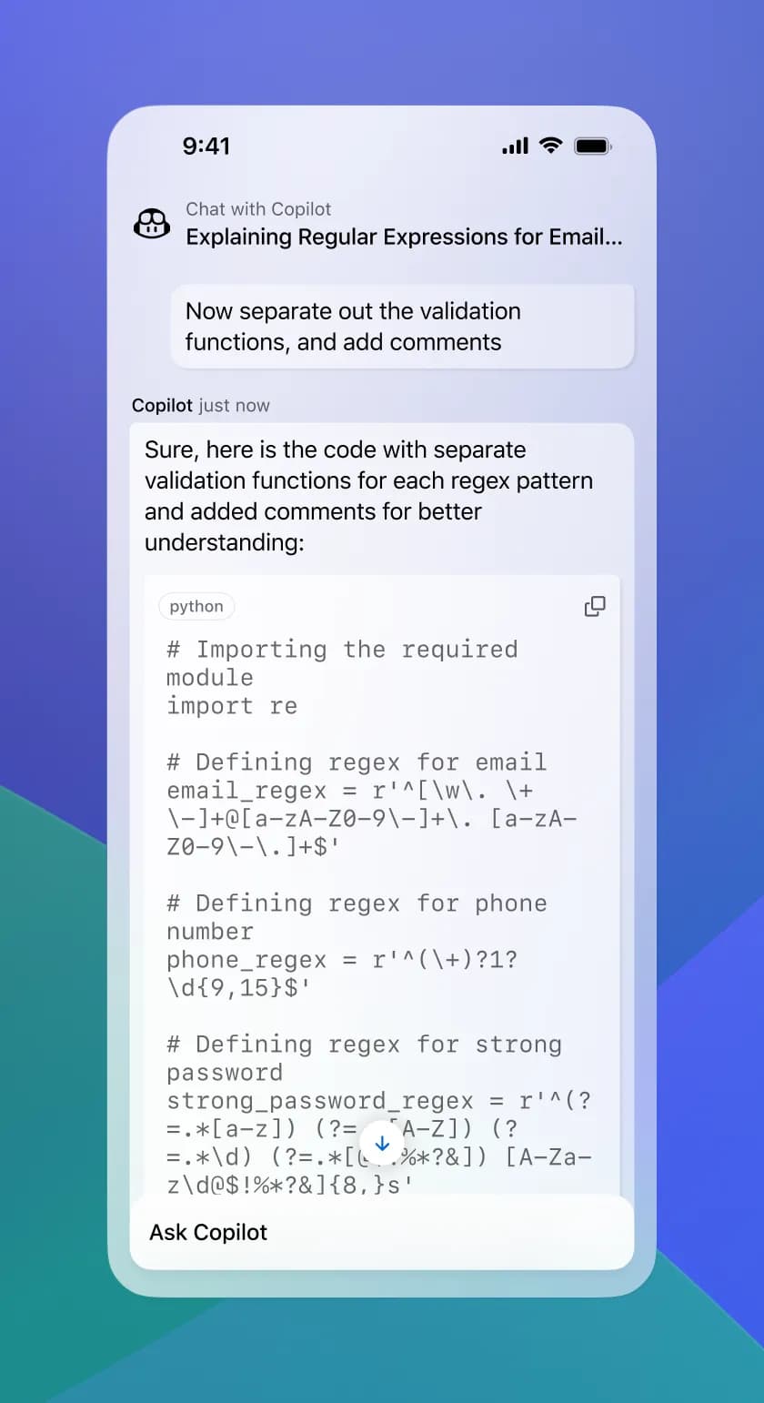 GitHub Copilot Chat for GitHub Mobileのスクリーンショット