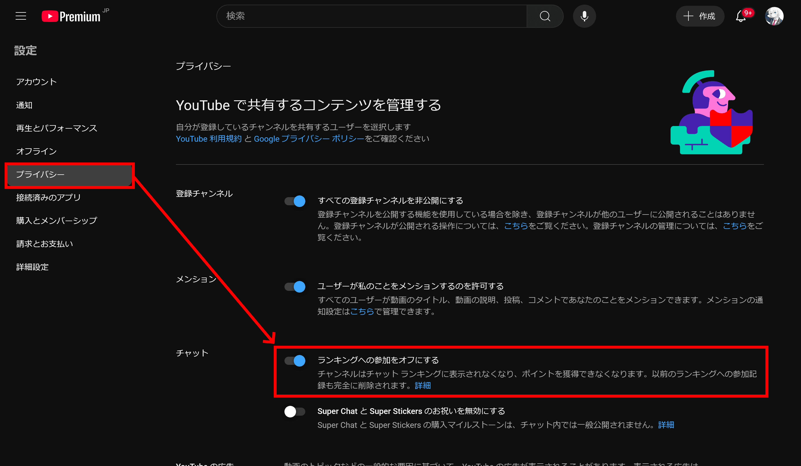 YouTubeの設定のプライバシータブのスクリーンショット